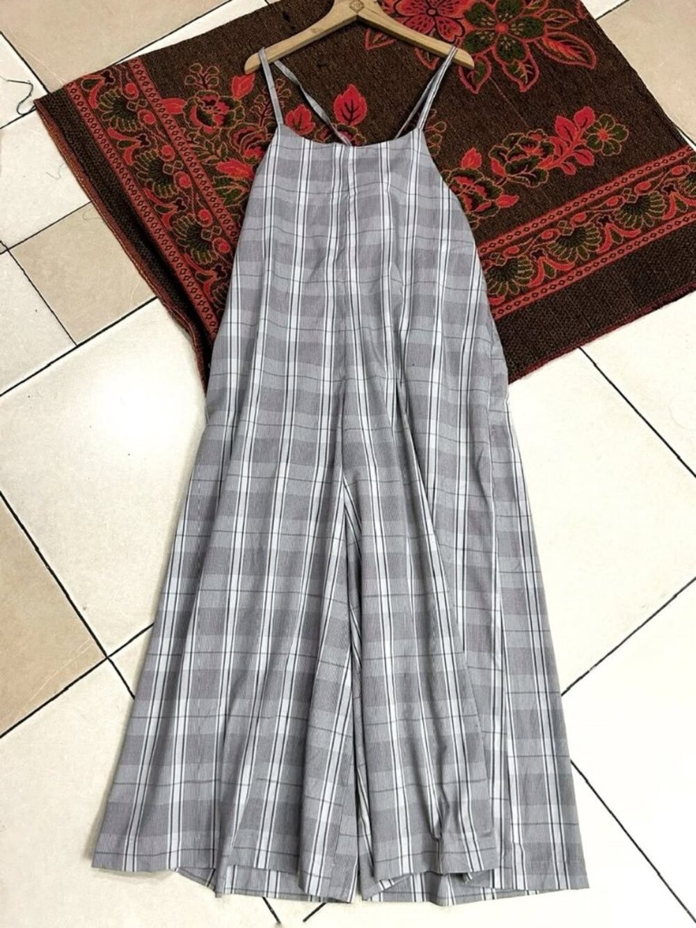 Vintage Gray Plaid Wide-Leg Jumpsuit, Spaghetti Strap Sleeveless Romper, Minimal